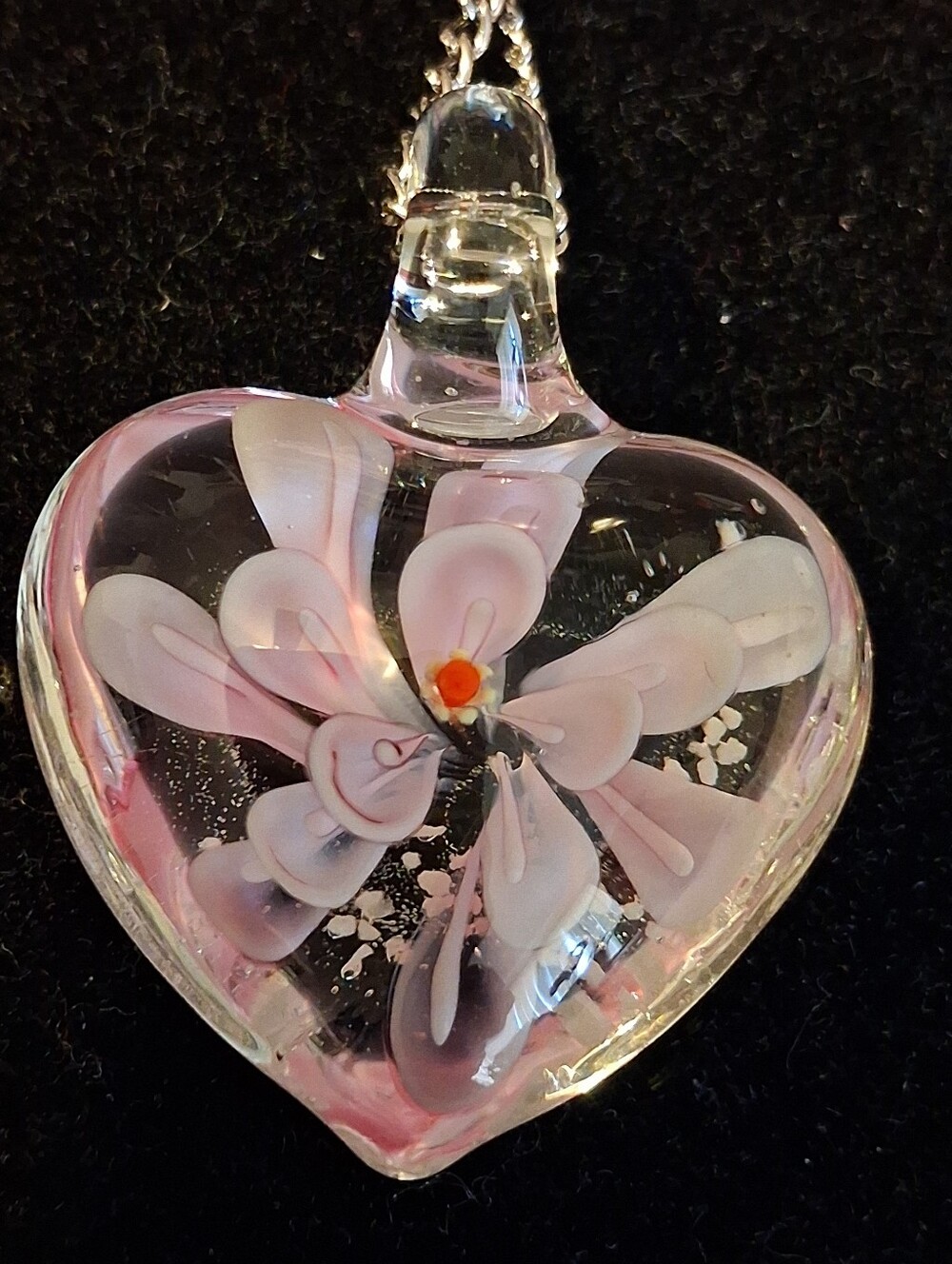 Glass Heart Pendant Necklace - Pink Floral Design